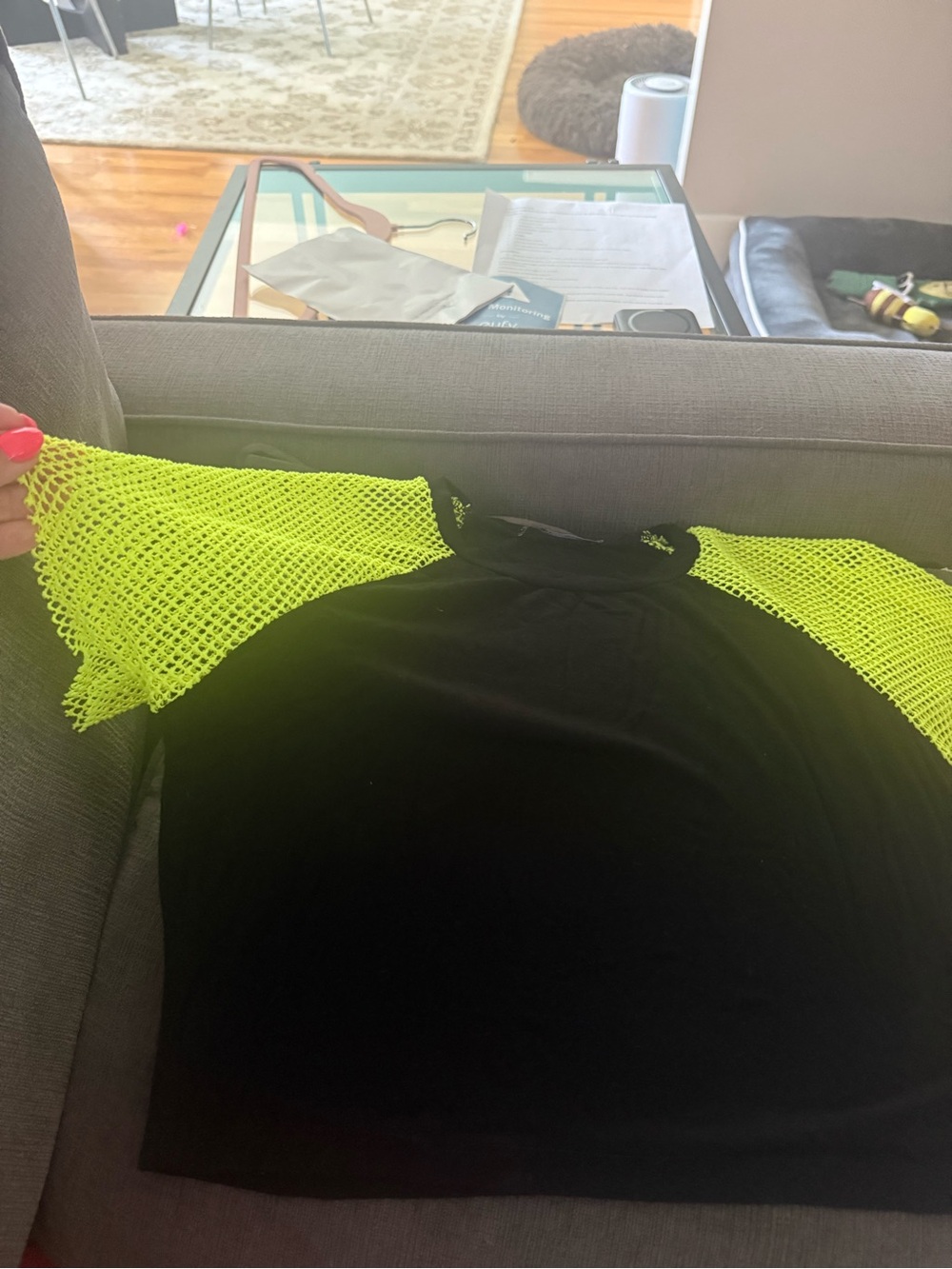 Black & Neon Yellow Mesh Sleeve women’s  crop top